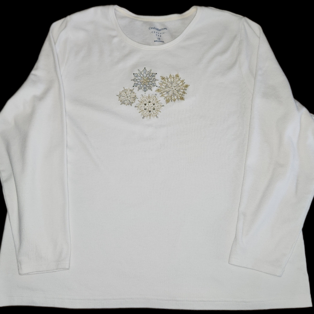 Croft & Barrow 1X The Classic Cotton Shirt Metallic Snowflake Cream Christmas